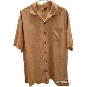TOMMY BAHAMA Short Sleeve Camp Shirt Peach Silk Embroidered Hawaiian Mens M